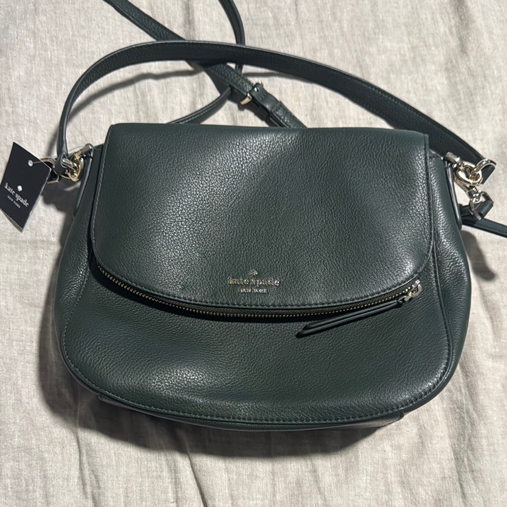 Kate Spade Medium Flap Shoulder Bag Pebbled Leather Deep Evergreen NWT